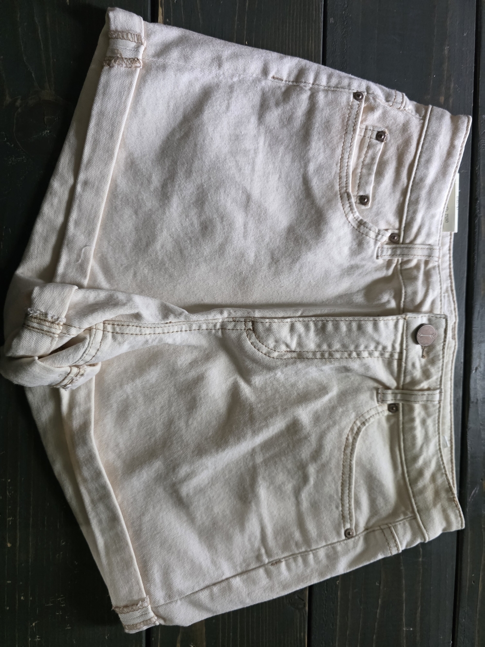 High-Rise Cropped Cream Denim Shorts